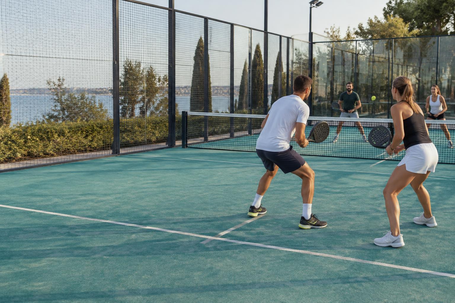 Doubles padel rally on a glass-walled court